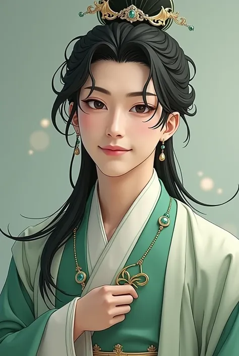 Hyper realistic ((best quality)), ((masterpiece)), (detailed), perfect face Photo realistic image of a 21 years old young man in flowing silk green and white hanfu. Playful, happy attitude, long black hair, fan in hand. Looks like Shi Qingxuan from Heaven ...