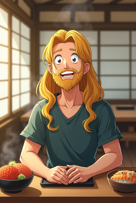 Studio ghibli style art young man with long blonde hair and beard in a sushi restaurant smiling