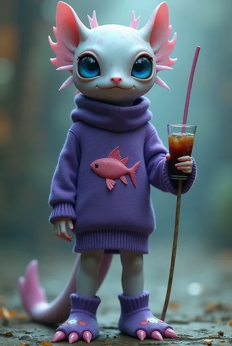 Axolotl woman standing on two legs , blue lenses,  purple sweater with a drawing of a pink fish , long cola,  purple shoes that have pink on the bottom