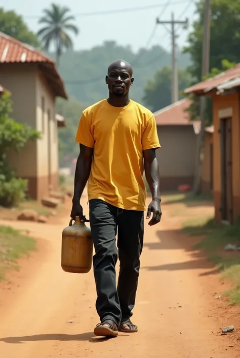 A 39 years old African man, he is black skin, bald head, he is wearing a yellow t-shirt and a black jeans pants, he is walking in a road in an African village, she is bearing an empty gallon, realistic daylight shot