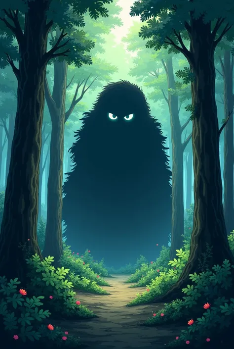  Create an image with the following characteristics :  The dark lump behind the trees .  dissipates in frustration in a magical forest full of magical creatures, bottom: Magical forest, Image quality: 1080P,  ASPECT RATIO : 1:1, Emotional state: Angry , En...