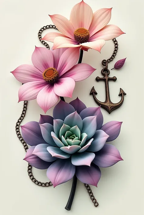  Create a design that combines the following
1 .  The Viola x Wittrockiana flower
2. The succulent flower
3 .  A chain with an anchor surrounding the 2 flowers