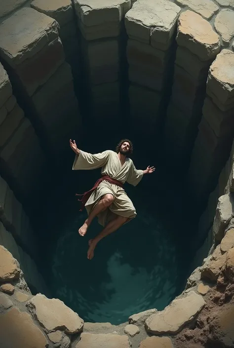  An image of a male person from biblical times falling into a pit ,  the pit is dark and you cant tell the persons face but you can see how they are falling. the image is artistic and dramatic .