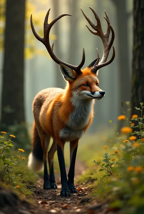 "A fox with the antlers of a deer, gracefully moving through a forest of towering trees. Its fur glistens in the dappled sunlight, and its elegant antlers twist and turn as it weaves through the underbrush, blending into its surroundings."