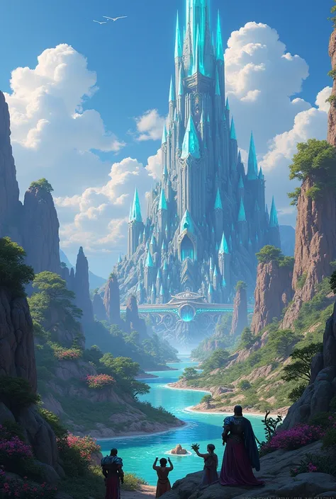 "A vibrant fantasy world concept art for a video game. The scene features glowing rivers, floating islands, crystalline mountains, and a towering castle or futuristic city. Unique characters, from armored warriors to mythical creatures, interact in the viv...