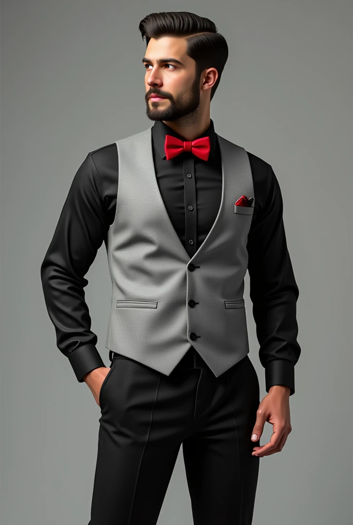 A man in a long sleeve black shirt with a light gray vest and black pants and a red bow tie 