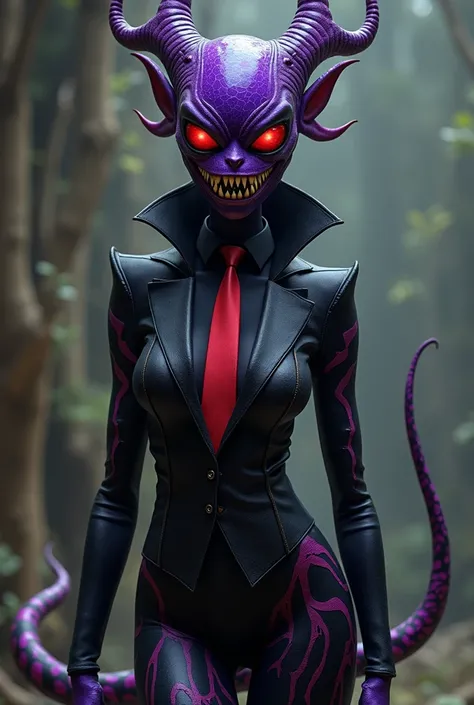 purple symbiote woman with red eyes,full-length,toothy smile ,hoof legs , tail ,black hitman suit,red tie Disney Salvador Dali,Dorian cleavenger