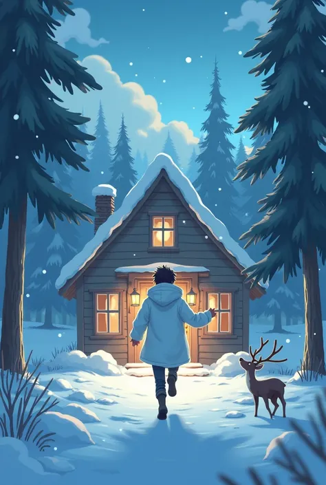  Create an image with the following characteristics : The young man dressed in white runs out of his house in excitement and meets the reindeer., bottom: Magical forest, Image quality: 1080P,  ASPECT RATIO : 1:1, Emotional state: Angry , Energy: high, stru...