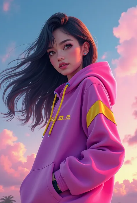 Cinematic illustration of a ( beautiful Indonesian women) 8:16, futuristic, wearing a "m.o.m." pink  hoodie with striking (yellow purple) fashion accents. She has striking brown eyes and black hair, which flows gently in the digital wind. The background is...