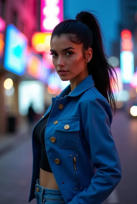 (Sukchun ,  Professional photography ,   image of a woman wearing a blue jacket and jeans, Black hair,  ponytail with neon city  ,  In the background , Bokeh,  Image Depth  