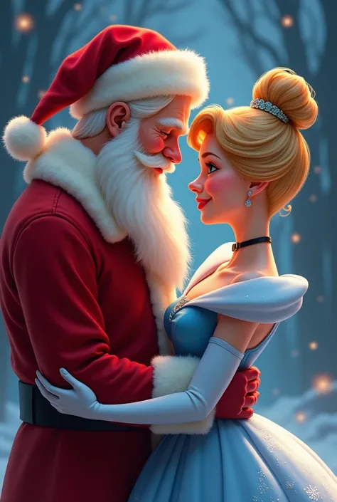 A magical and romantic illustration of a young, beardless Santa Claus and Cinderella in a tender, unexpected moment. Santa is reimagined as a charming, youthful figure with a confident smile and festive attire, leaning closer to Cinderella, whose timeless ...