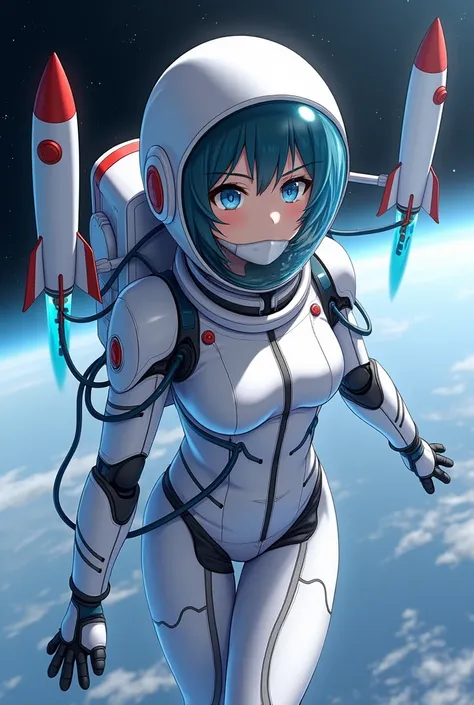 Anime girl wearing a white Robotic spacesuit and tubes with blue liquid are connected to her body and to her mask connected to her mouth and rocket and metal jet wings attached on her back and shes flying in the space