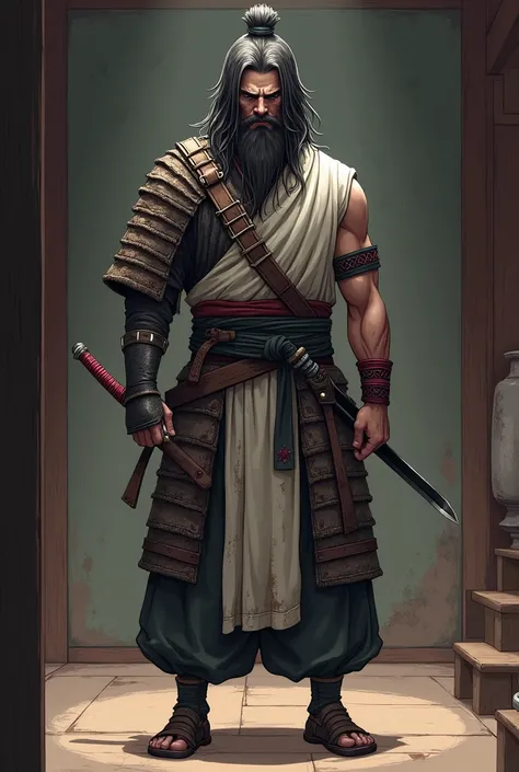 image of a samurai wearing torn medieval clothes with hair and long beards with an amputated arm and a sword sheathed with a handle with red details standing in a room descending two small anime-style steps