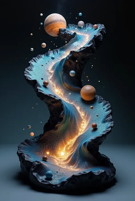 The River of Stars
A dynamic sculpture resembling a flowing river, but instead of water, it’s made of liquid stardust. Embedded in the "river" are miniature celestial bodies—planets, comets, and asteroids—that shimmer and glow as they drift along the curre...