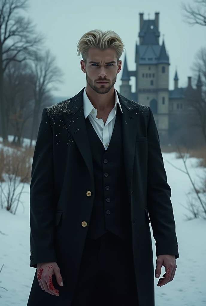 1 sexy men, blond hair, slater eyes, suit black, castel black, Christmas, snow, blood hands  High Resolution