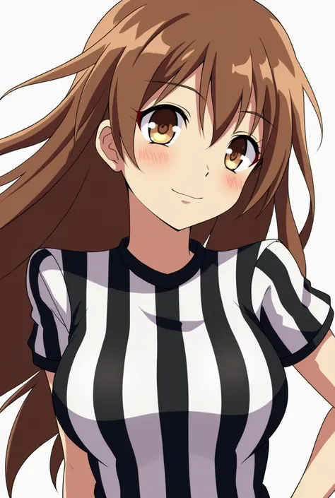 Create an image of the character Mika from the anime Girls with brown hair und panzer wearing a shirt with white and black stripes arranged vertically