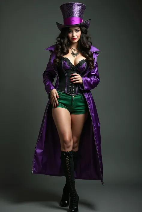 Photorealistic, high resolution, A Slim Japanese woman, busty, double d cup, solo, heavy makeup, Hips up, (Detailed face), long curly hair, Long hair, (extremely detailed), Dressed as the Mad Hatter with a purple top hat, corset bodice, green shorts and lo...