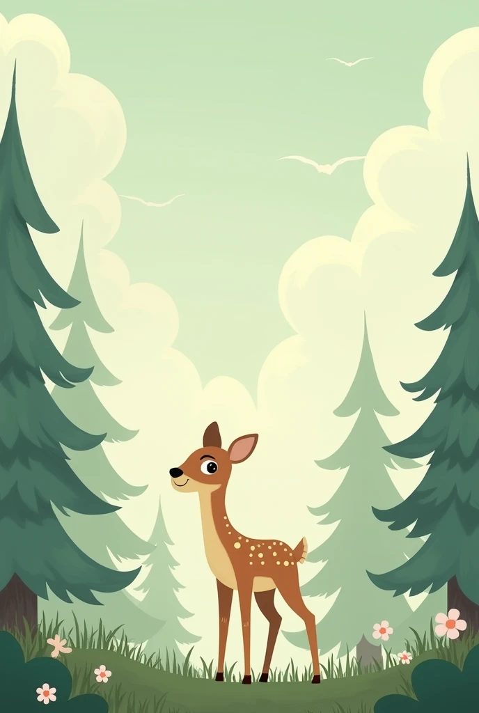 postal ,  forest in pastel green tones , with pine trees and clouds .  You can see a young deer in a cream tone as the main protagonist.