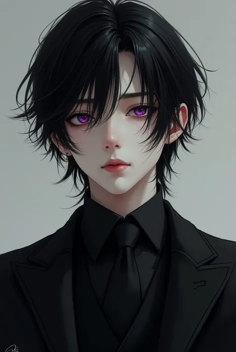 The young man is wearing a black suit, with completely black hair, purple eyes, medium hair, pale white skin, smooth face.