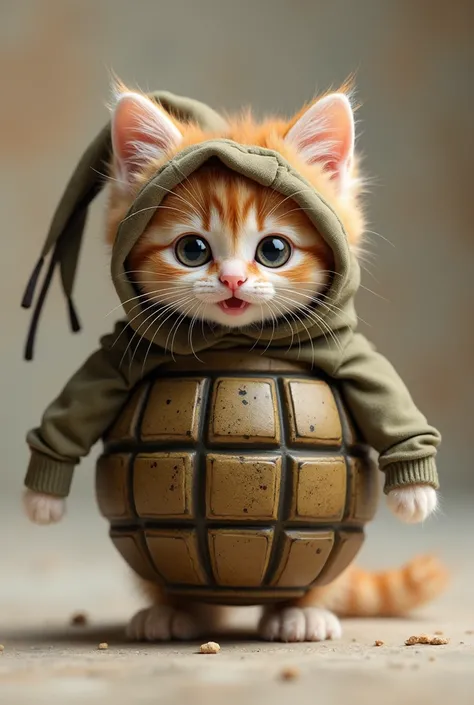 A kitten in a grenade costume smiles 