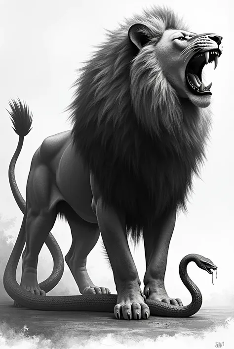 a lion with a snake scale ,  a large mane with a head turned while roaring and a serpent in place of a tail.  art style black and white 
