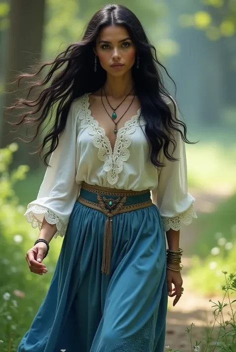 Black-haired white gypsy woman,  wearing a white ruffled blouse and a blue skirt, After a 20-year-old girl,  her daughter  