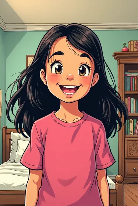 Old school comic picture of a  girl wearing a pink shirt smiling in a bedroom 