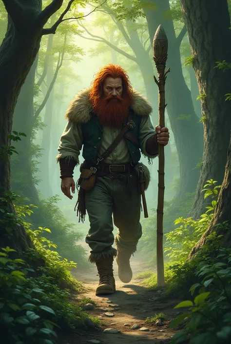  A wild man is hunting in the forest .,  red hair  ,Age between 30 and 50 years .  He is an enchanted entity that protects the forest .  He walks with a staff and has his feet turned back to confuse possible stalkers