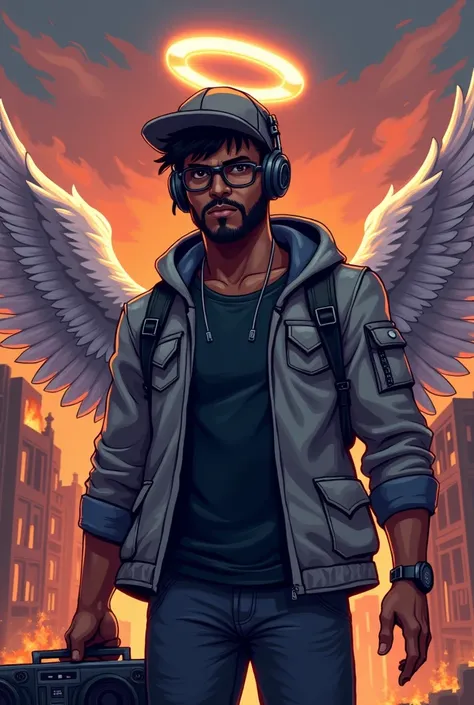 2D Pixel Sprites Black male character with short haircut and beard, wearing newsboy cap aviator glasses headphones and grey jacket with black t-shirt underneath, wings, halo over his head, super nintendo from a platform game like Metal Slug or Mega Man, lo...