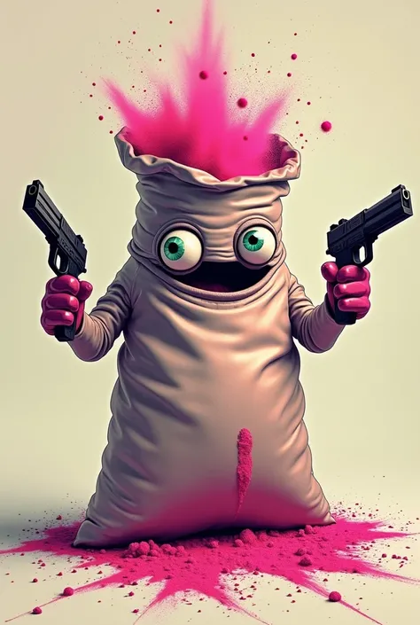 Create a bag with pink powder with drugged pink eyes and hands with vectorized weapons 