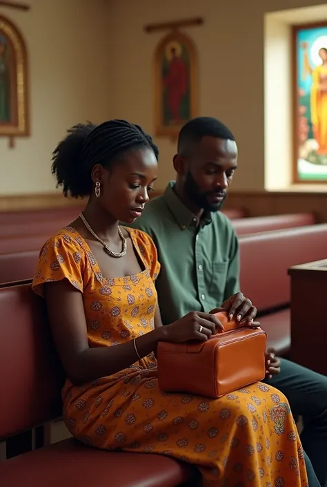 A Nigerian woman sitting next to her husband in a church, searching through her bag