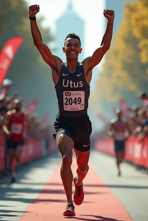  As a marathon runner crossed the finish line raising his arms as a sign of victory and at the top of the marathon runner 45:54 is the time 
On the chest I say UTUS and on the bottom the 
2049 the number of the marathon runner 
