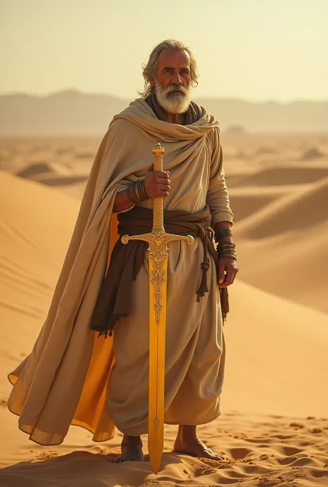 A man in the desert is a clothing novice from the past
He has a sword made of gold