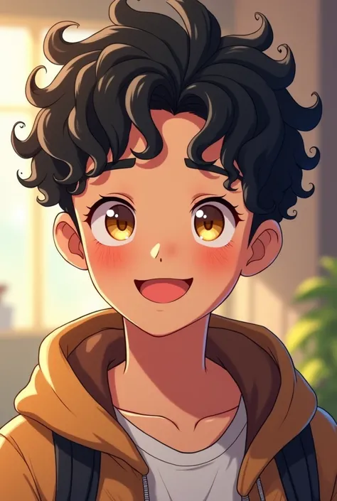 Generate an image of an handsome anime young adult boy,with golden yellow eyes,curly hair and a cool college student boy outfit. Hes softly smiling and has mixed-race light skin,lustrous black hair that is curly,hes cute and in anime style. 