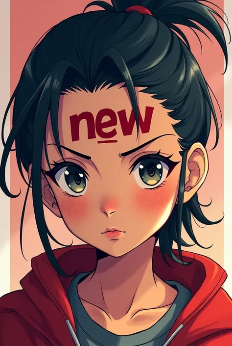 An anime character with a tattoo written on it "New" On the forehead 