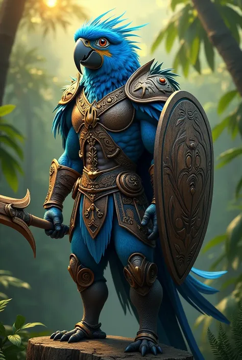  “A blue macaw anthropomorphized like a warrior , with defined muscles and an imposing posture.  She wears light and elegant armor made of leather and additional feathers ,  with details that recall Brazilian flora and fauna ,  like engravings of tropical ...