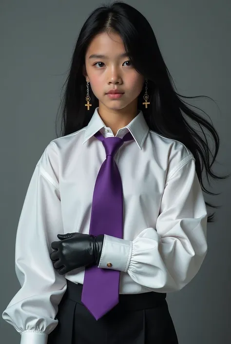 Live Action pre teen Asian boy with Long Flowing black Hair, Wearing a LONG Sleeved, Baggy White Dress shirt Properly Tucked in With The Sleeves Covering the Palms and Purple tie tied Tightly around his neck and Black Kacey Long Pants. With Black Leather G...