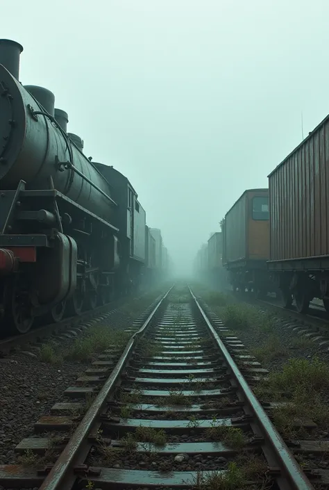 3. An old railway yard with broken trains, scattered debris, and light mist.
