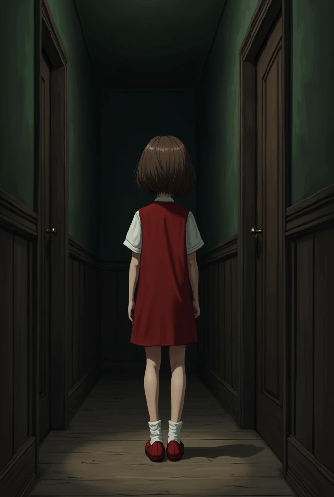 A dark corridor inside an old and well maintained house with low lighting featuring A 14-year-old teenage girl with short brown hair,  wearing a red dress with short white sleeves and a red shoe with white socks that are on the back 