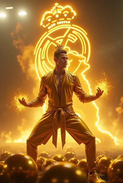 Cristiano Ronaldo is wearing a Mortal Kombat Football outfit. Make a tight-fitting gold leather suit without a shirt, a golden aura over his body overflowing with golden power. He will be facing the photo, his face has to be in the direction of the camera,...