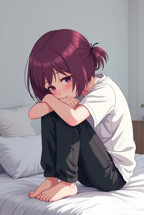 
Boy with a white T-shirt and dark magenta hair, bob cut, a small ponytail behind and black jeans sitting on the edge of a white bed and crying, draw in anime artstyle 