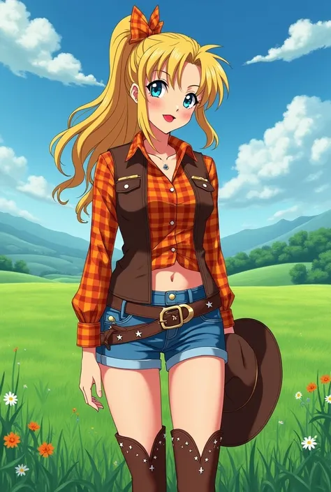  Serena a beautiful woman with long blond hair tied in a half tail with an orange bow, light blue eyed ,  red lips,  dressed as a cowgirl wearing short blue shorts ,  brown boots with star spurs ,  orange plaid blouse and brown vest ,  with beautiful curvy...