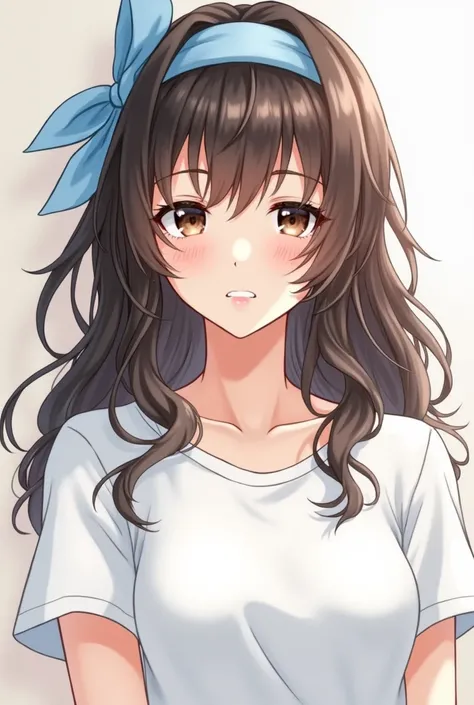 a anime woman with dark brown hair, white T-shirt, dark brown eyes, a light blue bandanna, her hair is long but in layers.