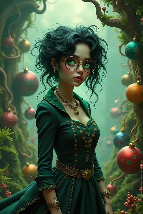  Woman with black and green hair . She is of large build .  She has round green glasses .  She is in the style of Tim Burton .  The background is fantastic fairy in the Tim Burton theme.  In a festive Christmas atmosphere 