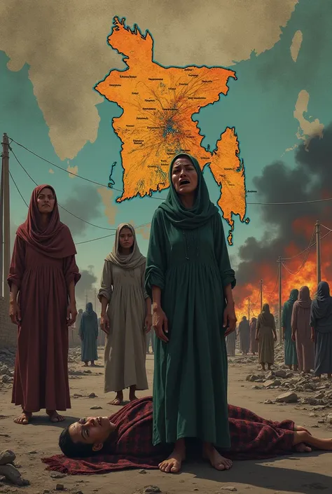 Background Bangladesh map and see civil war start. Women crying, fire, dead body 