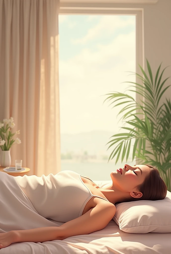 Relaxation-Focused Breathing 
" A person lying on a comfortable bed ,  breathing deeply with a relaxed expression .  Subtle arrows may indicate controlled inhalation and exhalation."

