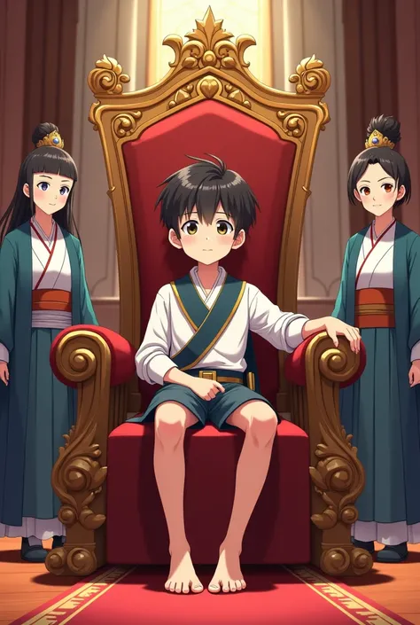 Anime boy feet sitting on throne with servants