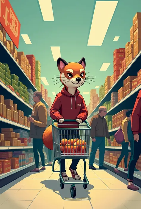 Modern flat character of a weasel in human body in a grocery shop forcing his trolley of food in a line of other customers and their trollies. Vector style 