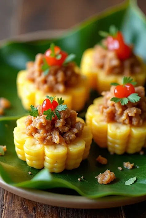  show me some marranitas of corn mote filled with chicharrón and shredded meat,  the presentation is as follows :  a base with decorative stones , Banana leaves ,  on top of these banana leaves ,  a bed of creamy ripe banana ,  on top of the creams or marr...