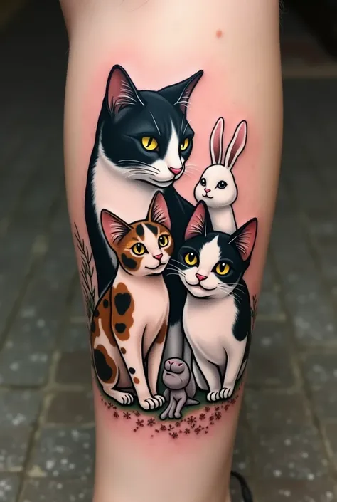 Make me a tattoo with my animals, 1 chat noir et blanc, 1 smaller cat with dark brown stains and a white rabbit